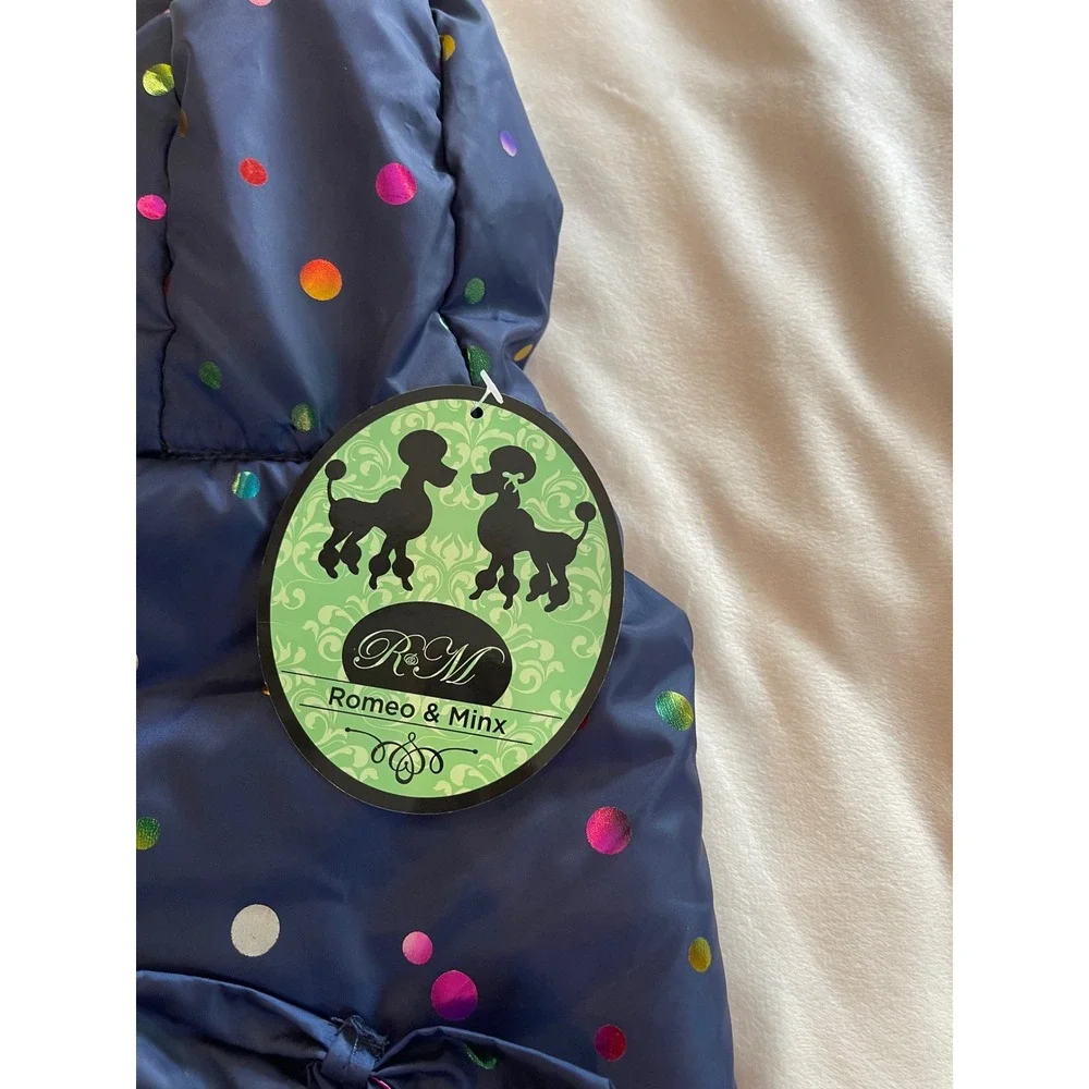 Romeo & Minx Navy Blue Polka Dot Pet Puffer Coat Faux Fur Hood Small NWT